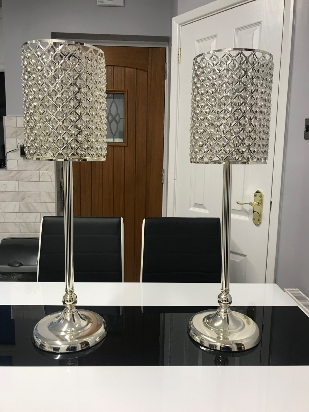 pair of silver plated bohemian crystal table lamps designed to accept large candles