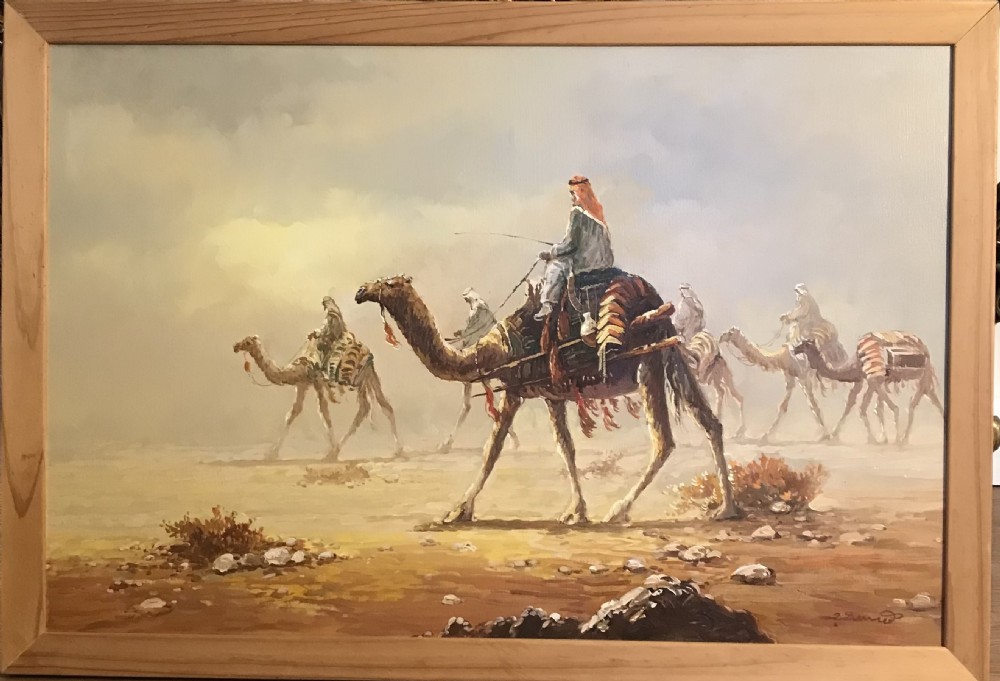 camels in desert landscape oil painting on canvas of bedouin