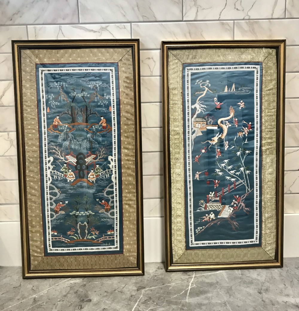 chinese silk embroidery hand sewn panels under glass silk sewn figures dragons trees flowers