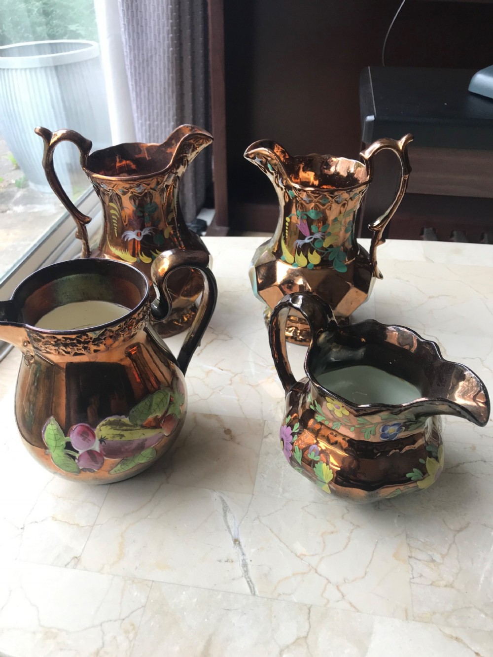 19th copper lustre enamelled painted jugs