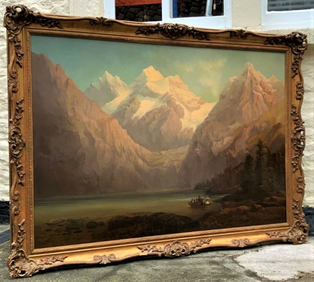 huge alps oil painting lake salzkammergut east of salzburg austrian alps landscape portrait of snow capped mountains and lake