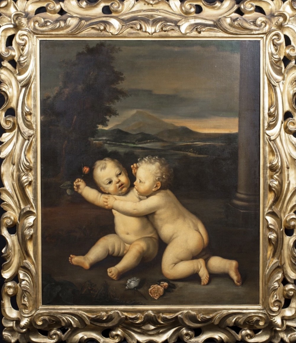 huge 19th painting cherub children sitting holding rose rudolphine school putti portraits